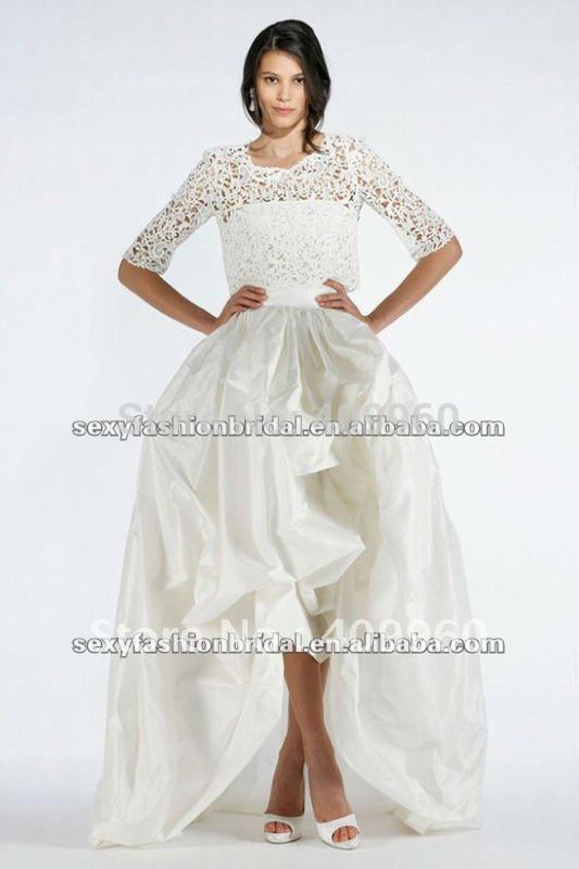 2012 jewel neck half sleeves lace bodice front short long back wedding dress