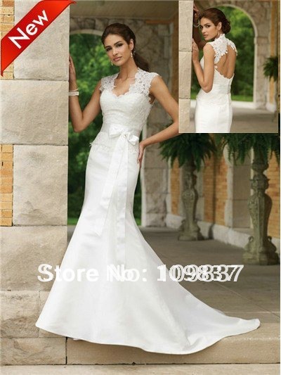  Satin Court Train Satin Applique Lace Backless Wedding Gown W0041