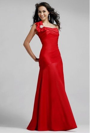 Long  Dress on Shoulder Red Satin Ruffled Long Evening Dress Jeweled Homecoming Dress