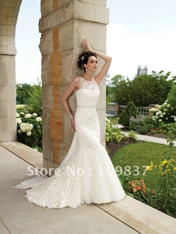 Free Shipping Popular Customer Made Mermaid Scoop Lace Backless Wedding 