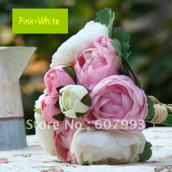 pink and white Tea Rose Bridal Bouquet wedding flowers artificial rose 