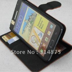 30pcs DHL free Genuine leather pouch wallet book style stand cover leather case  For Samsung Galaxy Note I9220 N7000