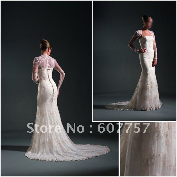 Wholesale Retail Hot Sale Long Sleeves Jacket Champagne Lace Applique Beaded