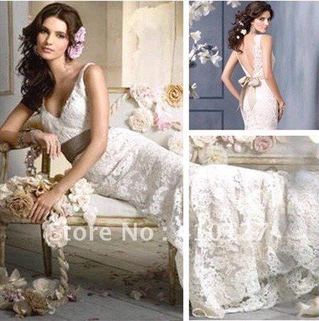 Free Shipping Short Train Lace Open Back Wedding Dress With Ribbon Hot