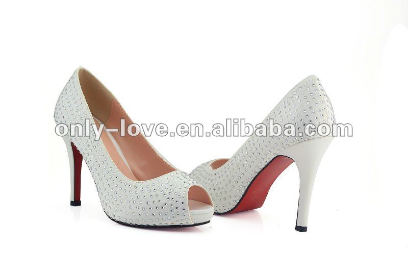 BS202 custom make high heel red bottom peep toe white crystal wedding shoes