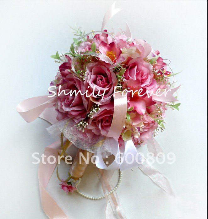 Hot Pink Silk flower with sash Bridal BouquetsWedding BouquetsWedding 