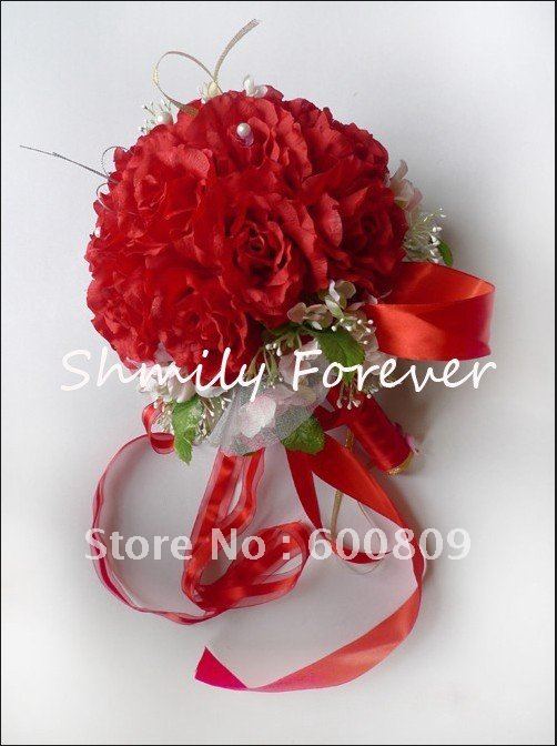 Classic Red with Pearl Sashes Wedding BouquetBridesmaid Flower Girl Bouquet