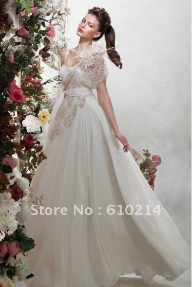 Shipping Aline Spaghetti Straps White Chiffon Princess Wedding dress
