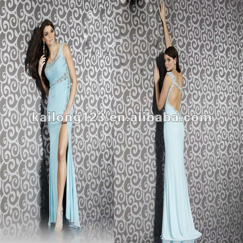  Aqua Blue Beaded Side Slit Open Back Chiffon Oneshoulder Prom Dress