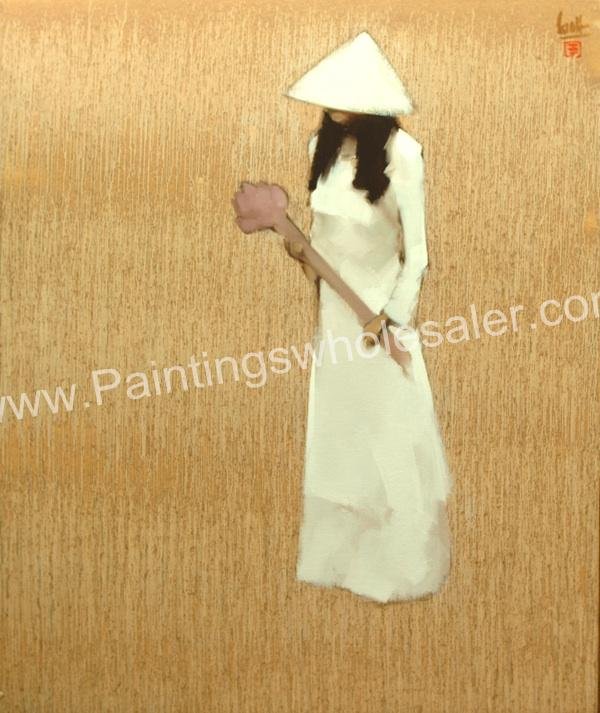 Handpainted abstract vietnam oil painting ,schoolgirl waiting.,modern 