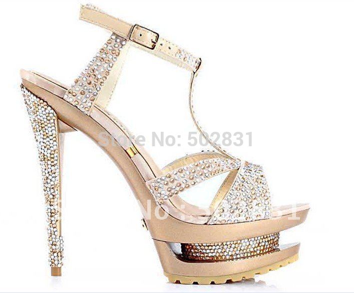Gold diamond wedding shoes with a high water table high heels high ...