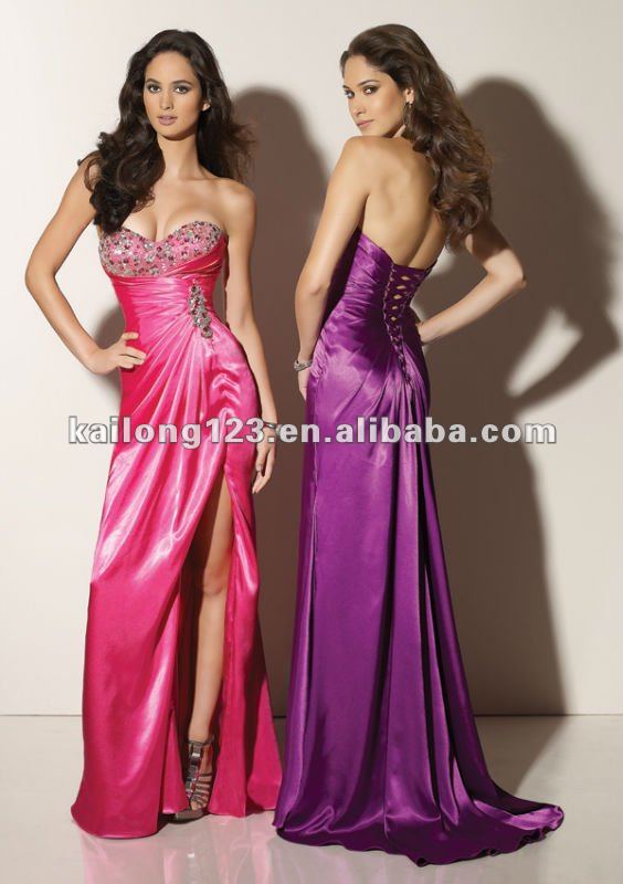 Purple Beaded Ruched Side Slit Charmeuse Satin Lace Up Back Prom Dress
