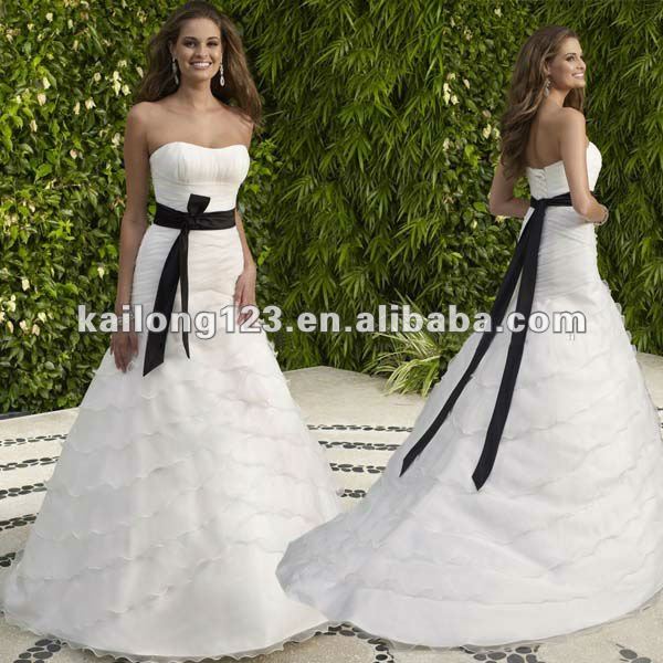 Hot Selling Strapless Black Sash Tiered White Elegant Wedding Dress