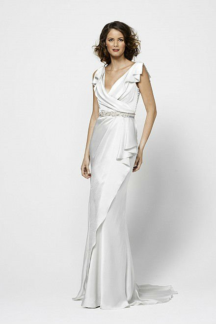 2012 New Straps Deep Vneck Sash With Beading Matte Satin Wedding Dress