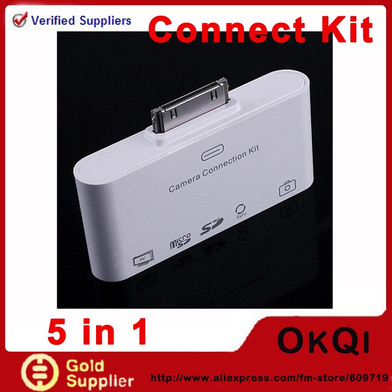 Free Shipping 5 In 1 USB Camera Keyboard Connection Kit for iPad SD/TF Card Slot Card Reader Adapter with AV Cable,Retail Box(China (Mainland))
