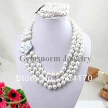 Free Shipping Beautiful 3 Rows White Shell Pearl Necklaces Bracelets Jewelry Set SP013