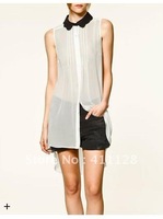Free shipping 2012 new spell color collar and transparent long oversized shirt