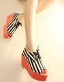 Free Shipping,Black-and-White Stripe Peep Toe Lace Up Wedge High Heel Platform Sandals #88-3,Size 35-39,Womens/Ladies Shoes