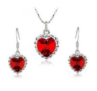 White Gold Plated Crystal Red Heart Necklace+Earrings Fashion jewelry set #SWS059-R