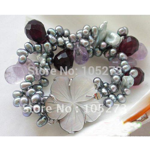 3Row 8inchs Gray Rice Pearl Drip Faceted Amethyst Bracelet & Shell Flower Clasp Fashion Women's Pearl Jewelry Hot Sale FN1484(China (Mainland))