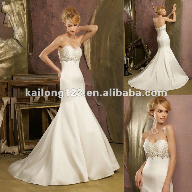  Sweetheart Beaded Applique Fit and Flare Sweep train Satin Wedding Gowns