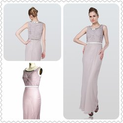 Round Collar Floor Length Beaded & Pleat Chiffon Dress ZR12139(China (Mainland))