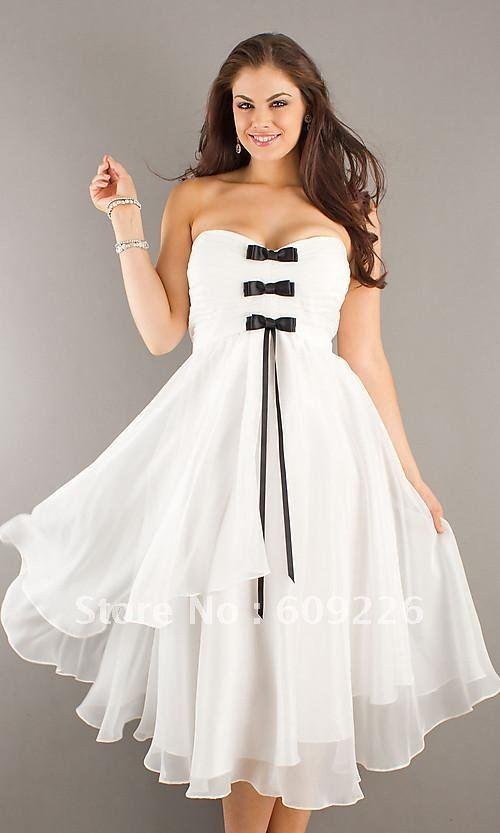 White Strapless Chiffon Tea Length Plus Size Dress ,Cocktail Dress ...
