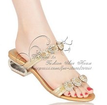 Women’s fashion shoes,sandal,thick heeled,Handmade Bordered rhinestone sheepskin slides,women crystal shoes,golden&Free shipping