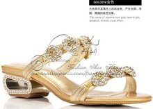 Women s fashion shoes sandal thick heeled Handmade Bordered rhinestone sheepskin slides women crystal shoes golden