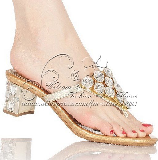 Luxury diamond Rome fashion sandals square low heeled Handmade border rhinestone sheepskin filp folps crystal shoe