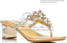 Luxury diamond Rome fashion sandals square low heeled Handmade border rhinestone sheepskin filp folps crystal shoe