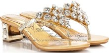 Luxury diamond Rome fashion sandals square low heeled Handmade border rhinestone sheepskin filp folps crystal shoe