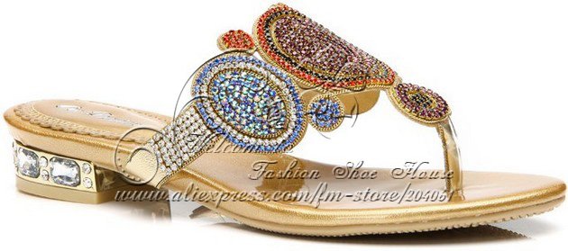Bohemia fashion sandal square low heeled Handmade border rhinestone sheepskin flip flops crystal shoe beach sandal