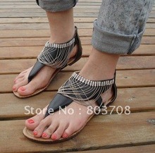 Wholesale/retail lady’s metal chain beads hang sandals,lady thong antiskid flat sandals,free shipping