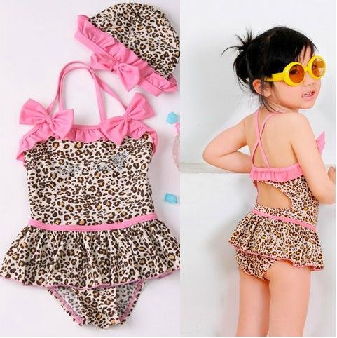 Leopard Dress on Cute Swimsuits Leopard Pink Bows Chirdren Dress   Swim Cap Set