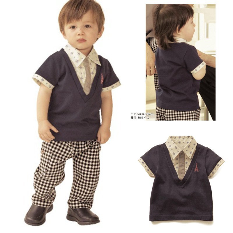 New arrival Free shipping 5sets lot Baby Boy Fake 2 pcs T Shirt Grid trousers Baby - **Dress Of The day 11.11.2013(for Boys)**