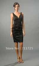 Classic V-Neck Tank Sleeveless Pleat Straight Mini Dress Black Satin Party Quinceanera Dresses