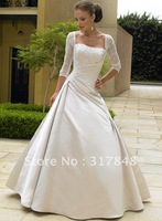 Latest unique designer freeshipping square neckline three quarter sleeve with sweep train satin bridal gown wedding dresses WD85