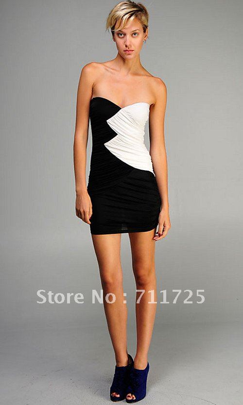 Wholesale Discount Simple Sweetheart Black And White Mixed Color Chiffon Strapless Sheath Short Mini Homecoming Cocktail