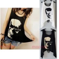 Sexy New Punk Skull Print Asymmetrical Hem Hollow Back Girl Shirt Tops Blouse