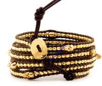 Handmade  gold  Alloy  bead  with  brown leather rope 5 wraps gold SKULL bracelet for gift  Retail Free shipping CL231
