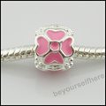 100pcs/lot A41 Lucky Clover Pink Silver Plated Enamel Rondelle Big Hole Charms Beads Fit Euorpean Bracelets