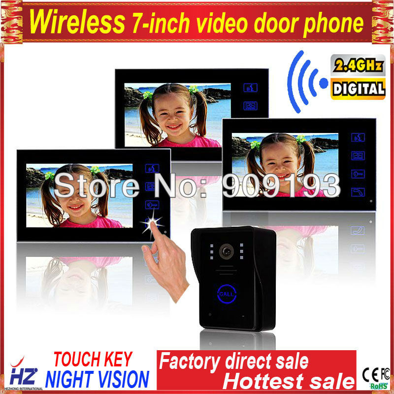 Touch key 7 wireless colour video door phone / digital building intercom system 1 to 3 / outdoor unit rainproof in battery(China (Mainland))