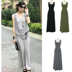 Women Boho Round Neck Long Maxi Slim Vest Plain Casual Dress Street Summer Wear E0716(China (Mainland))