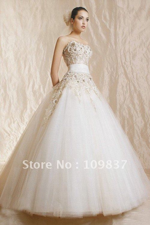 Strapless flower applique designer wedding dress