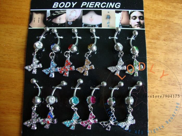 GET 14% OFF IF BUY 2 LOTS! butterfly 316L surgical steel crystal body piercing jewelry navel rings display card#009.22-12(China (Mainland))