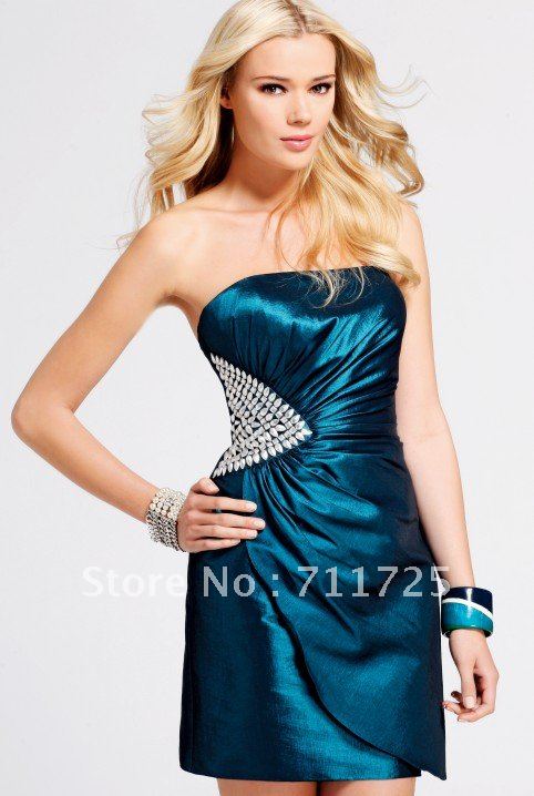 Simple Classic Wholesale Strpaless Beading Pleat Straight Dark Royal Blue Taffta Mini Short Homecoming Cocktail Dresses