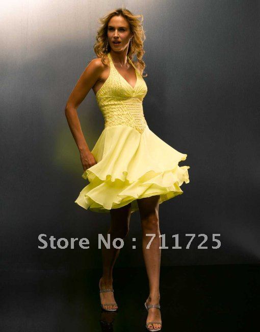 Simple Shimmering Halter V Neck Beaded Bodice A Line Zipper Yellow Chiffon And Satin Basque Prom