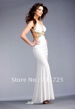 Simple Summer A-Line Pleat Beading V-Neck Sexy Sheath Halter White Chiffon And Satin Sweep Train Quinceanera Homecoming Dresses