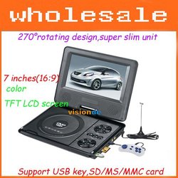 Free shipping 7.0 inch 270 Degree Rotating+TFT LCD Screen+Super Slim+Analog TV+Game+FM+Built-in Battery Car Portable DVD Player(China (Mainland))
